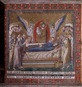 Das Mosaik der Entschlafung der Apsis von Pietro Cavallini (um 1273-1330) Ende des 13. Jahrhunderts (Entschlafung der Jungfrau, Mosaik der Apsis von Pietro Cavallini, Ende des 13. Jahrhunderts) Rom, Kirche Santa Maria in Trastevere Italien von Pietro Cavallini
