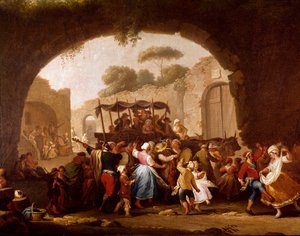 Tanzszene und Volksfest in Neapel (Detail). Tarantella-Tänzer. Gemälde von Pietro Fabris (aktiv zwischen 1763 und 1776) 18. Jahrhundert Neapel, Museo Nazionale di San Martino
