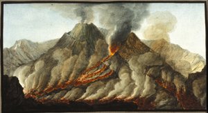 Der ausbrechende Vesuv. Diese Gouache wurde von Pierre Fabris auf Wunsch von Sir William Hamilton, englischer Botschafter in Neapel, angefertigt. Bibl. Braidense, Mailand. von Pietro Fabris