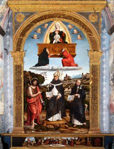 Odigitria Madonna mit den Heiligen Johannes dem Täufer, Antoninus von Florenz und Nicola da Tolentino von Pietro Francesco (1485 1528) Sacchi