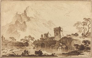 Befestigte Brücke vor fernen Bergen von Pietro Giacomo Palmieri