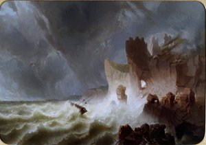 Einsame Küste Meereslandschaft mit Schiff im Sturm und an den Klippen zerschellt von Pietro Giuria