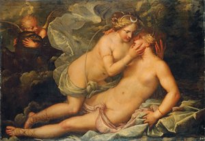 Jupiter in der Gestalt von Diana und die Nymphe Kallisto von Pietro Liberi