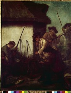 Jagd im Tal: die Vorbereitung der Gewehre (La caccia in valle: Preparazione degli schioppi) - Gemälde von Pietro Longhi (1702-1785) von Pietro Longhi