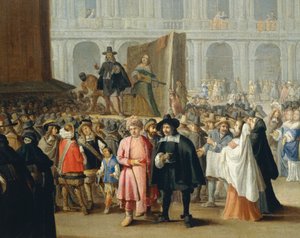 Darstellung von Komödianten während des Karnevals auf dem Markusplatz in Venedig (Detail) von Pietro Longhi