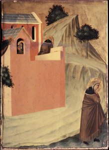 Der Heilige verlässt das Kloster von St. Perpetua und überquert den Fluss Lamone (Polyptychon des Lebens der Heiligen Demut) - Tempera auf Holz 14. Jahrhundert von Pietro Lorenzetti