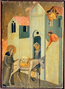 Der Selige geht betteln, um das Kloster zu bauen, Kachel aus dem Altarbild der Seligen Demut von Pietro Lorenzetti