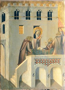 Der Selige heilt den Fuß eines Mönchs der Abtei Vallombrosa, Kachel auf dem Altarbild der Seligen Demut von Pietro Lorenzetti