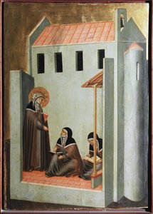 Die Heilige diktiert ihre Predigten (Polyptychon des Lebens der Heiligen Demut) - Tempera auf Holz, 14. Jahrhundert