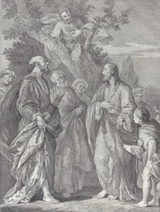 Bekehrung des Zachäus, mit Christus rechts, der den Zöllner anspricht