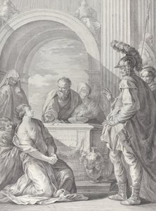 Jephtas Tochter kniet am Opferaltar, mit ihrem Vater stehend rechts, 1730-50