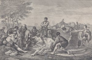 Joseph wird von seinen Brüdern in die Sklaverei verkauft, die um einen Brunnen sitzen und das Geld aufteilen, 1730-39