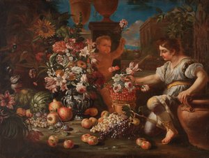Ein Junge und ein Putto zwischen Blumen und Früchten von Pietro Paolo (attr. to) Bonzi