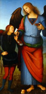 Detail (Die Jungfrau und das Kind mit einem Engel, der Erzengel Raphael mit Tobias und der Erzengel Michael) von Pietro Perugino
