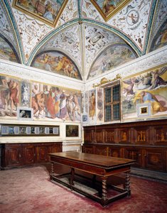 Blick auf die Sakristei mit Perugino-Paneelen, Basilika des Heiligen Petrus, Perugia, Umbrien, Italien