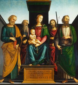 Madonna und Kind auf dem Thron mit den Heiligen Johannes dem Täufer, Petrus, Paulus und Johannes dem Evangelisten, von Pietro Perugino (ca. 1450-1523)