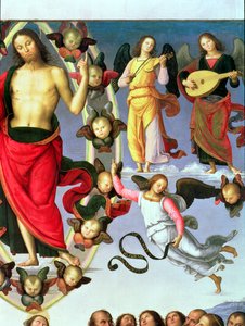 Die Himmelfahrt Christi, Detail (Christus und musizierende Engel) von Pietro Perugino