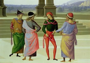 Die Vermählung der Jungfrau, Detail (vier Männer im Gespräch) von Pietro Perugino