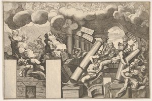 Riesen, die von Felsen und den herabfallenden Säulen des Tempels zerquetscht werden, Rauchwolken darüber