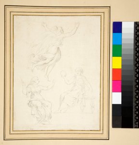 Zwei sitzende weibliche Figuren in Gewändern