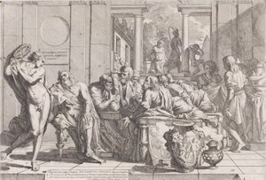 Platons Symposium: Sokrates und seine Gefährten sitzen um einen Tisch und diskutieren über ideale Liebe, 1648 von Pietro Testa