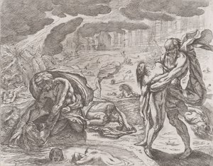 Die Sintflut, Figuren werden aus dem Wasser gezogen von Pietro Testa