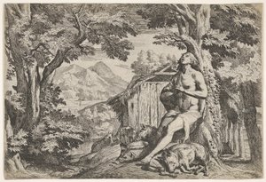 Der verlorene Sohn sitzt am Fuße eines Baumes unter Schweinen, sein Blick nach oben gerichtet..., ca. 1640-50 von Pietro Testa