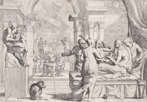 Der verlorene Sohn auf einer Couch, im Hintergrund Zecher, ca. 1645