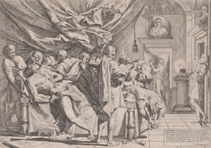Der Selbstmord des Philosophen Cato, der auf seinem Bett liegt und seine Eingeweide herauszieht, beobachtet von..., 1648