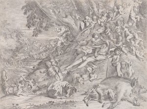 Venus und Adonis, umgeben von vielen Putti, nach der Jagd liegend, mit einem toten Eber