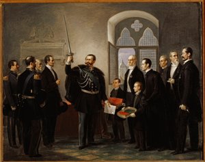 Vittorio Emanuele II. von Savoyen in Pistoia, das Schwert des ghibellinischen Condottiere Castracani schwingend von Pietro Ulivi