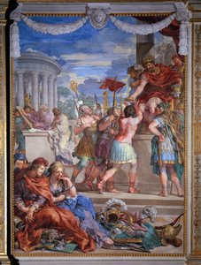 Allegorie der vier Zeitalter, das Bronzezeitalter. Fresko von Pietro da Cortona (1637), Salle du Poele, Palatinische Galerie, Palazzo Pitti, Florenz