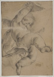 Fliegender Putto hebt einen Vorhang von Pietro da Cortona