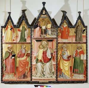 Polyptychon der Jungfrau mit Kind und Heiligen. Oben links: Heilige Katharina von Alexandrien und Heilige Maria Magdalena. In der Mitte um den gekreuzigten Christus mit der Inschrift 