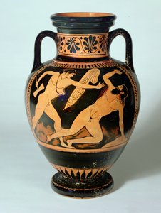 Rotfigurige Halsamphore, die Theseus zeigt, der sich darauf vorbereitet, Prokrustes zu töten, 480-470 v. Chr. (Ton) von Pig Painter
