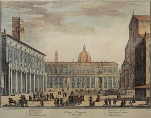 Italien, Bologna, Piazza Maggiore oder Piazza Grande, von Pio Panfili, Gravur