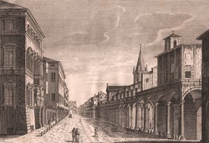 Ansicht der Strada Maggiore in Bologna, Emilia-Romagna, Italien, Kupferstich von C Lambertini nach einer Zeichnung von Pio Panfili, ca. 13,5x19 cm