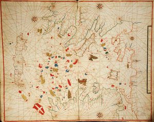 Ägäisches Meer, aus dem Portolan-Atlas bestehend aus sechs Karten, von Placido Caloiro und Francesco Oliva, Pergament. 1646. von Placido Caloiro e Oliva