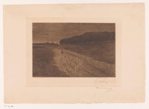 Schafherde mit Hirte auf einem Heideweg