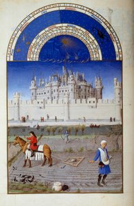 Oktober: Aussaat. Im Hintergrund die Miniatur des Louvre von Pol von Limburg aus 
