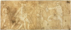 Perseus mit dem Kopf der Medusa, verwandelt Phineus und seine Anhänger in Stein