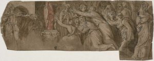 Geschichte von Niobe: Priester und Verehrer vor einer Statue von Niobe von Polidoro da Caravaggio