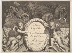 Titelseite von Diverse Trophäen, Waffentrophäen nach der Fassade des Palazzo Milesi in Rom, 1651
