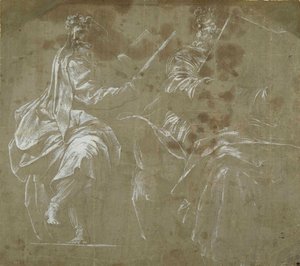 Zwei bärtige Propheten sitzen und halten offene Bücher von Polidoro da Caravaggio