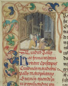 Bischof von Krakau übergibt das Pallium an den Erzbischof von Gniezno aus dem Pontifikale von Bischof Erasmus Ciolek, ca. 1510