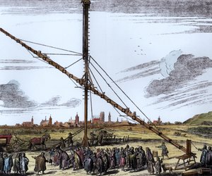 Das große astronomische Teleskop von Johannes Hevelius, Illustration aus Machina Coelestis von Hevelius, Danzig, veröffentlicht 1670 (spätere Kolorierung)