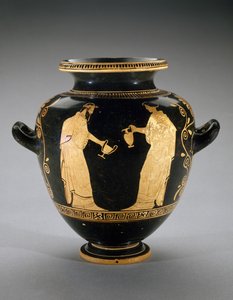 Rotfiguriger Stamnos mit Szene von Dionysos mit Dienerin, 440-420 v. Chr.