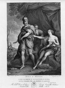 Eneide von Virgil (70 v. Chr.-19 v. Chr.), Buch IV, die trojanischen Helden Aeneas verlässt Dido, die verzweifelt Selbstmord begeht. Gravur nach einem Gemälde von Pompeo Batoni (1708-1787)