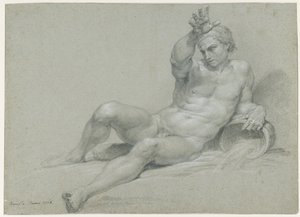 Aktstudie eines lagernden männlichen Modells, den rechten Arm erhoben, in der Pose eines antiken Flussgottes, in Schrägansicht von links von Pompeo Girolamo Batoni