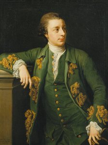 Porträt von Thomas Fortescue, M.P., stehend, dreiviertel Länge, trägt einen grünen Mantel und eine Weste, lehnt seinen rechten Arm auf ein Podest und hält einen Dreispitz in der linken Hand, 1767 von Pompeo Girolamo Batoni